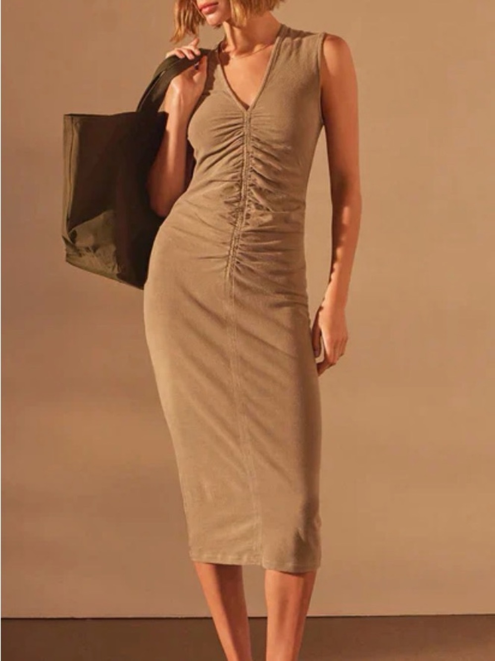 James Perse Ruched Midi Dress in Tan